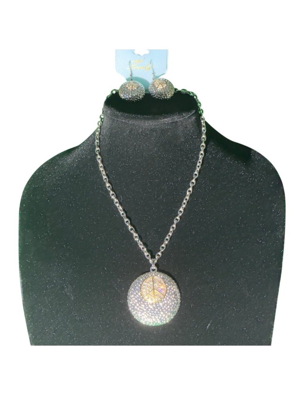 Silver-Tone Necklace & Earrings Set Peace Sign Pendant Matching Studs